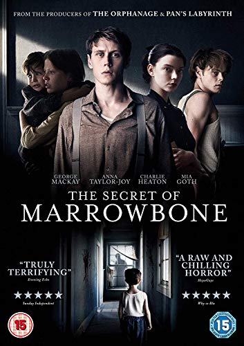 DVD cover for "The Secret of Marrowbone" featuring a family and a child in a hallway.