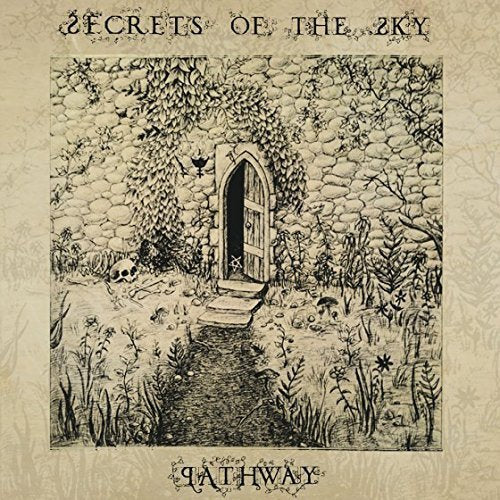 "Vintage-styled album cover with a stone wall, arched door, and overgrown pathway illustration."