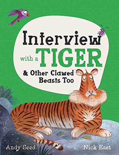 Book cover featuring a cartoon tiger, bird, and insect on green.