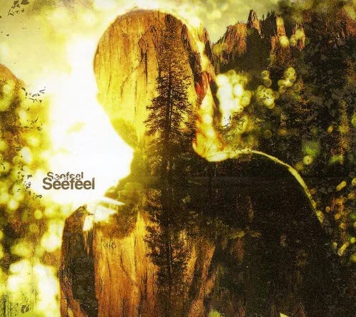 CD cover for Seefeel, featuring a blurred figure with forest imagery.