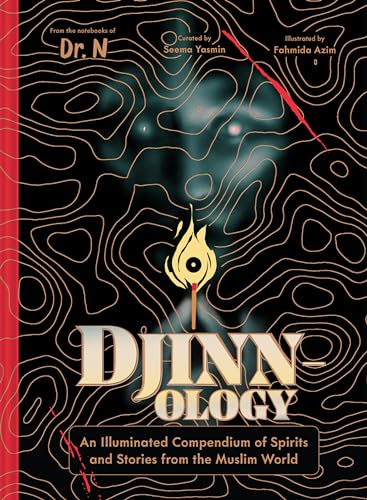 Book cover: dark background, flame, and the title "Djinnology" in gold lettering.