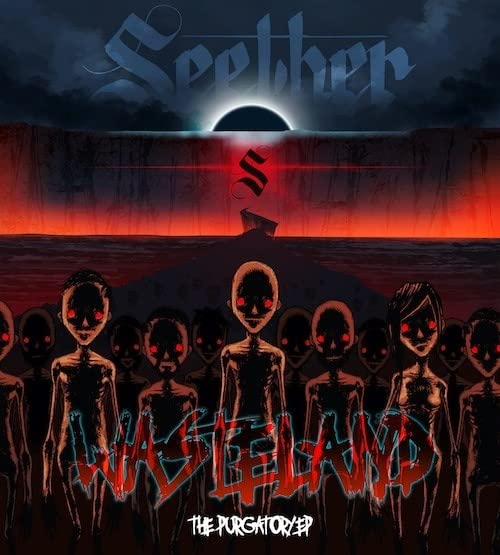 Seether’s “Wasteland” EP cover: dark figures and a fiery, desolate landscape.