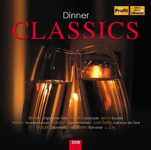 CD cover for “Dinner Classics” featuring two champagne glasses toasting.