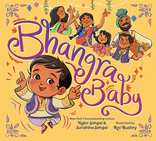 Colorful illustrated book cover, “Bhangra Baby,” featuring a family dancing.