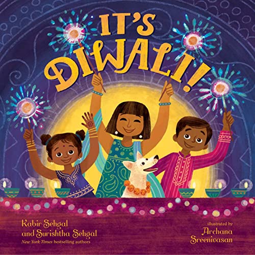 Children with sparklers celebrate Diwali with fireworks and a small dog.