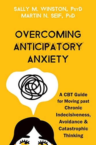 Yellow book cover with tangled lines in a thought bubble, title "Overcoming Anticipatory Anxiety".