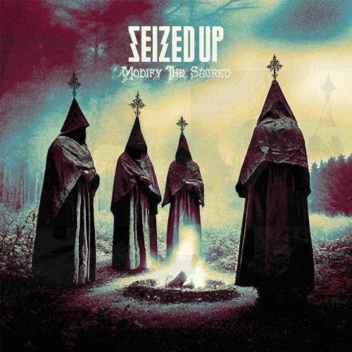 Album cover: hooded figures around a fire in a misty forest.