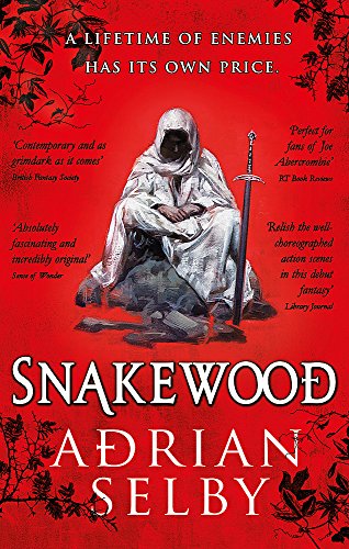 Book cover: hooded figure with sword on rocky ground, red background.