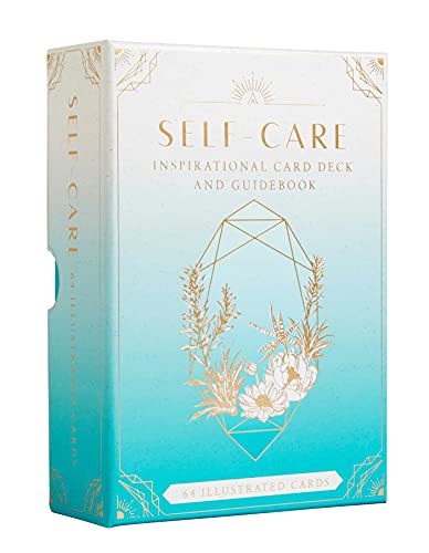 Boxed set of Self-Care inspirational cards and guidebook with gold botanical and geometric illustrations.