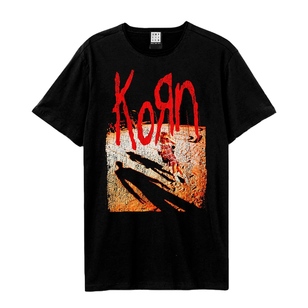 Black t-shirt with red “Korn” text and distressed image print.