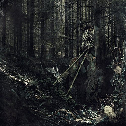 Dark forest scene with a hooded figure holding branches and a skull.