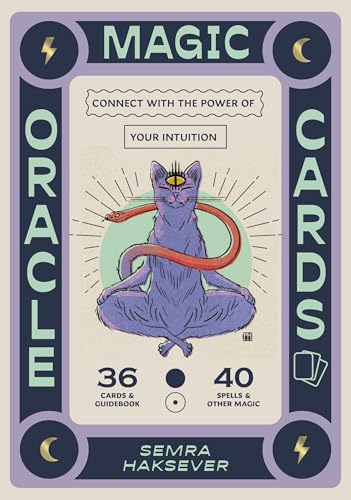 A purple cat with a third eye sits in meditation with a snake coiled around.