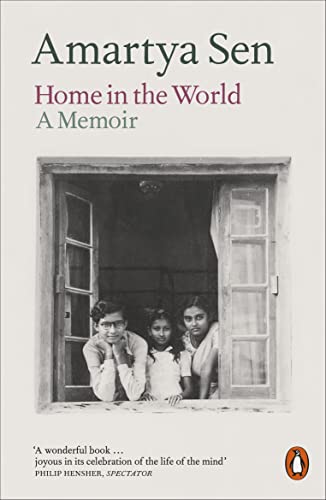 Book cover: “Home in the World” memoir by Amartya Sen, with a window scene.
