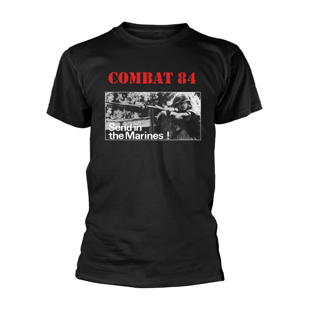 Black t-shirt with a vintage photo of Marines in combat and text.