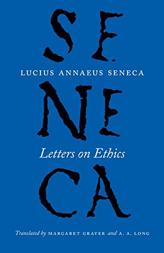 Book cover with blue background and the title SENECA in large, black, distressed letters.