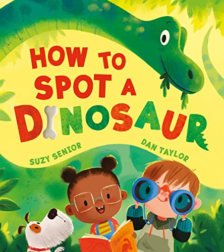 Book cover: children with binoculars, a dog, and a green dinosaur head.