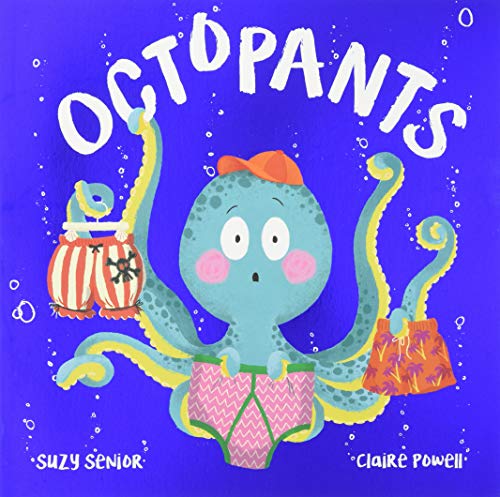 Blue octopus wearing an orange cap and pink patterned underwear holding different pairs of pants.