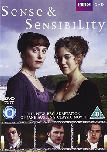 "Sense & Sensibility" DVD cover featuring two women and three men in period clothing.