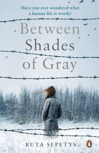 Book cover: woman in coat behind barbed wire, snow-covered trees, birds flying.