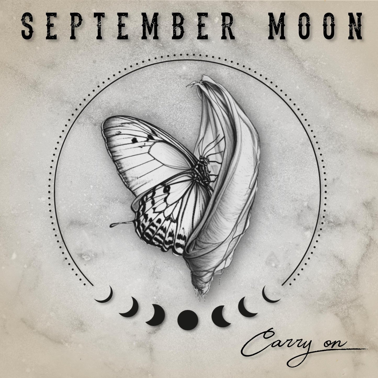 A butterfly emerging from a chrysalis inside a dotted circle with lunar phase icons.