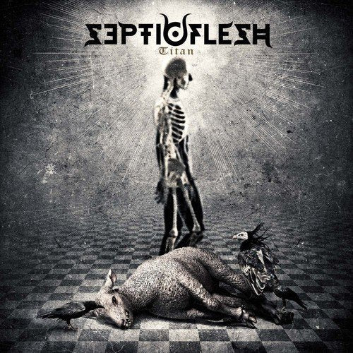 Septic Flesh “Titan” CD cover: skeleton, birds, and animal remains on tiles.