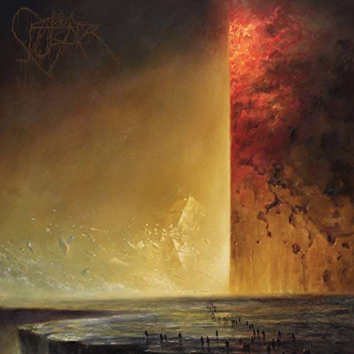 Dark, abstract painting of a fiery landscape with silhouetted figures.