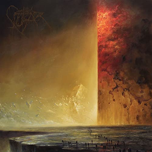 Dark, abstract painting of a fiery chasm and distant figures.