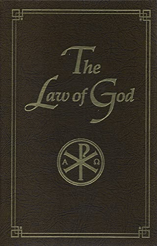 Dark book cover with gold text reading "The Law of God" and a chi-rho symbol.