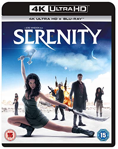 Serenity 4K Ultra HD Blu-ray cover featuring cast members in a desert action scene.