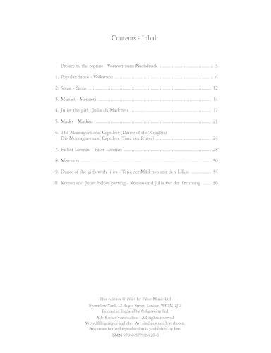 Table of contents for Romeo and Juliet: Ten Piano Pieces Op. 75 sheet music.