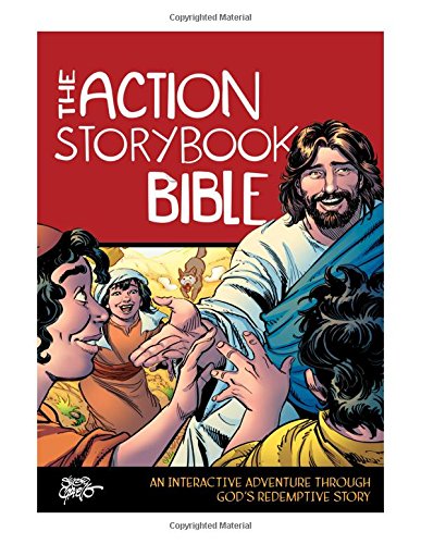 Comic-style cover of “The Action Storybook Bible” depicting Jesus with followers.