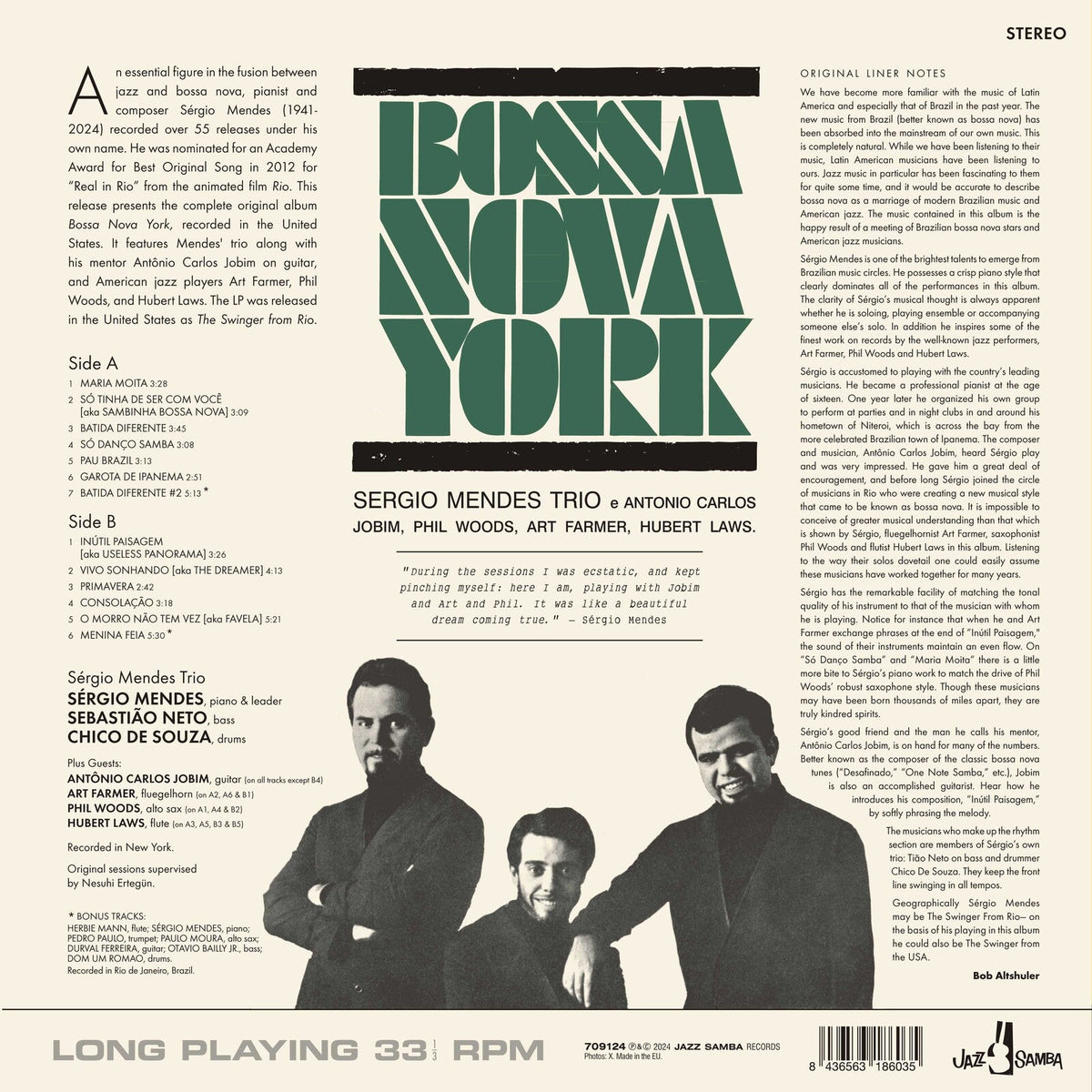 Vinyl back cover for Sergio Mendes Bossa Nova York with tracklist and band photo.