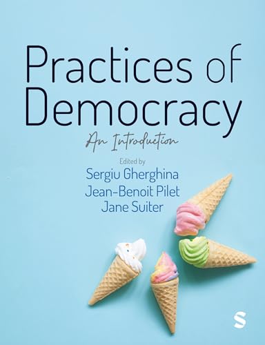 Book cover: "Practices of Democracy" with ice cream cones on blue background.