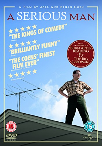 DVD cover for "A Serious Man" featuring a man on a rooftop.