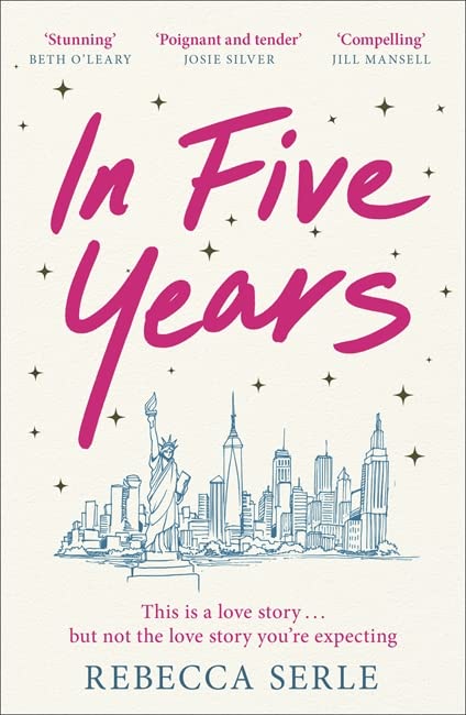 Book cover: “In Five Years” with a skyline of New York City.