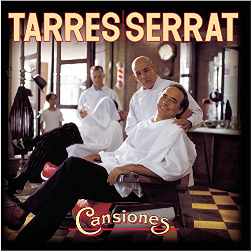 CD cover featuring Joan Serrat in a barbershop with other men.