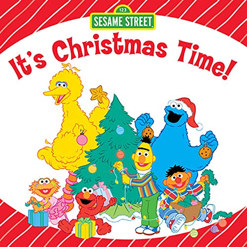 Sesame Street characters with a Christmas tree on a red striped background.
