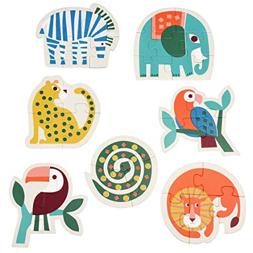 Six wooden animal-shaped puzzles: zebra, elephant, leopard, parrot, toucan, and snail.
