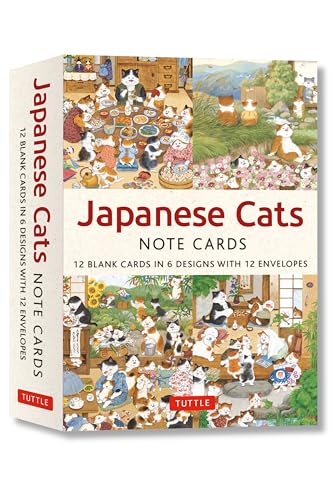 Box of note cards featuring colorful illustrations of many Japanese cats.