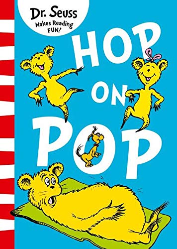 Hop On Pop" book cover with yellow creatures and blue background.