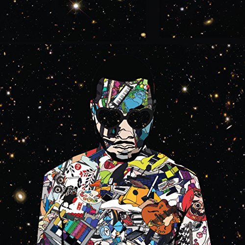 A person with a collage-patterned face and shirt against a black starry space background.