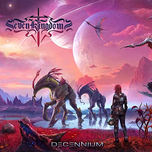 Fantasy album cover with a woman, creatures, and a planetary landscape.