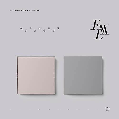 SEVENTEEN's 'FML' album cover: gray background with text and two square images.
