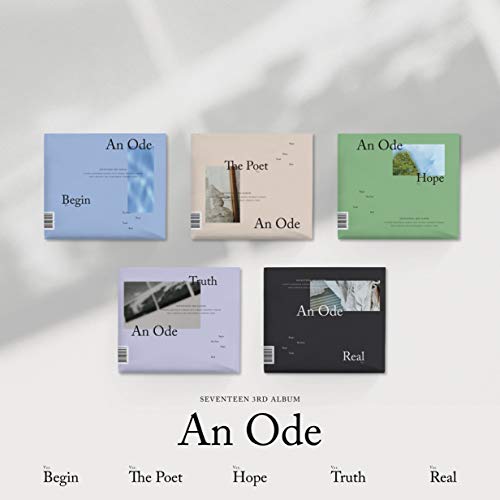 Seventeen's "An Ode" album covers arranged with text and shadows.