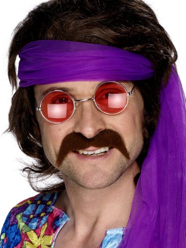 Man wearing a seventies-style wig, mustache, headband, and tinted glasses.