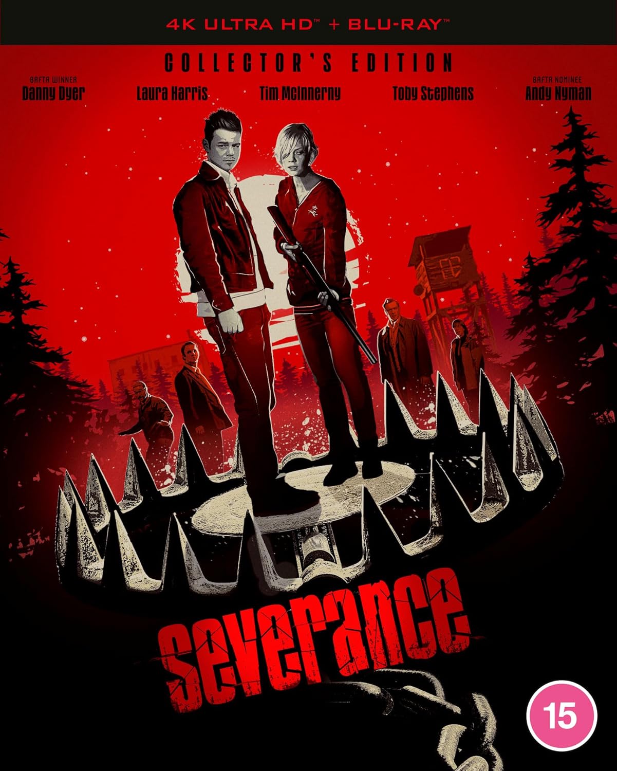“Severance” 4K Blu-ray cover with cast, forest, and building silhouettes.