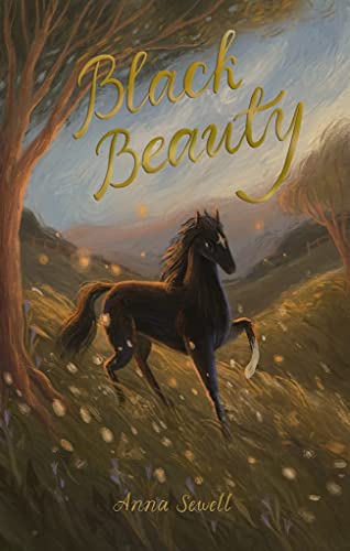 A black horse runs through a golden meadow under a tree on this book cover.