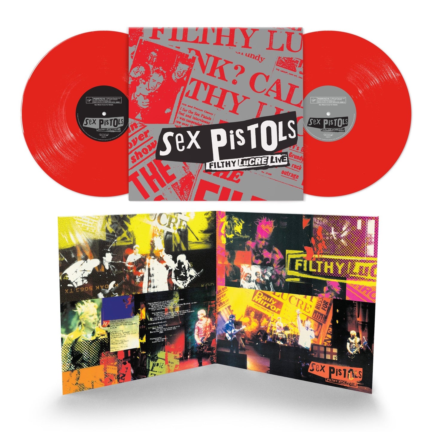 Sex Pistols “Filthy Lucre” vinyl record, red and yellow cover art.
