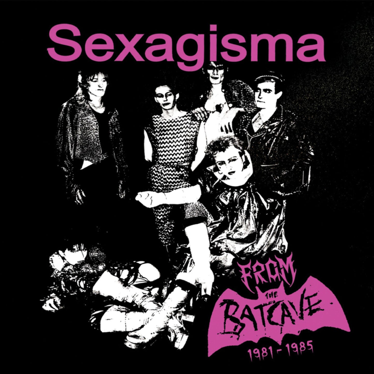 Black and white photo of a post-punk band, Sexagisma, with pink text.