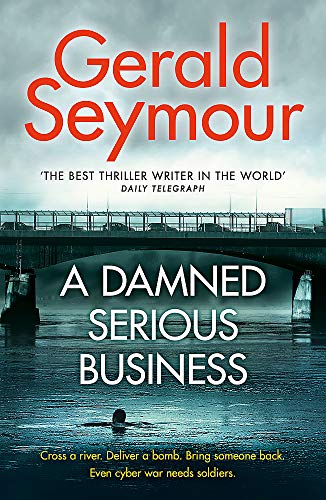 Book cover: “A Damned Serious Business” with a bridge and swimmer image.